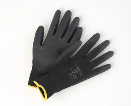 Black Palm Coated Polyurethane on Black Nylon Liner Gloves • 12 pk