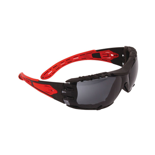 Volcano Plus™ Rimless Safety Glasses with Red Temples, Smoke Lens, Foam Padding and 4A Coating(Box of 10)