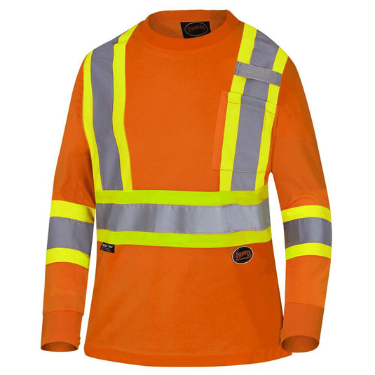 Pioneer Women's Hi-Vis Bird's-Eye Long-Sleeved Safety T-Shirt - Hi-Vis Orange - S